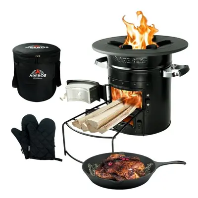 AREBOS Rocket Stove incl. Cast Iron Grill Pan with Carrying Bag & Gloves | Dutch Oven BBQ | Port