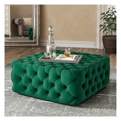 (Green) Deep Buttoned Square Velvet Footstool Coffee Table Pouffe Ottoman