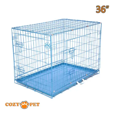 Dog Cage in Blue Puppy Crate Cozy Pet Dog Crates Folding Metal Travel Cages