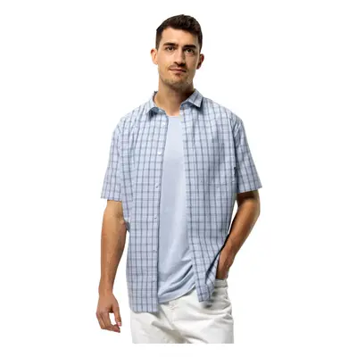 (L, Soft Blue) Jack Wolfskin Mens Hot Springs Short Sleeve Casual Cotton Check Shirt