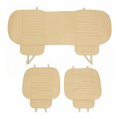 (Beige) 3Pcs Car Seat Cover Breathable Bamboo Pad Mat PU Leather for Auto Chair Cushion