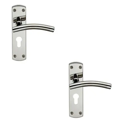 2x Curved Lever on Euro Lock Backplate Handle x 44mm Polished & Satin Steel