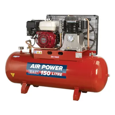 150 Litre Belt Drive Air Compressor - 6.5hp Petrol Engine - Gauge & Air Outlet