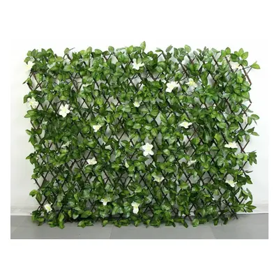 (Green with White Flowers) Expanding Wooden Garden Trellis Screen With Artificial Plant Leaves &