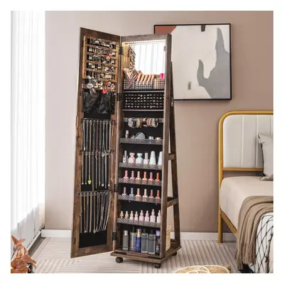 360Â° Rotating Jewellery Armoire Full-Length Mirror W/ LED Light &Lockable Wheels