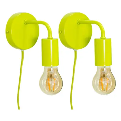 Pair of Plug in Colour Pop Lime Green Wall Lights Easyfit Lamp + LEDs