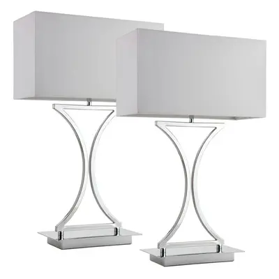 2 PACK Modern Table Lamp Light Chrome Metal & White Shade Square Desk Sideboard