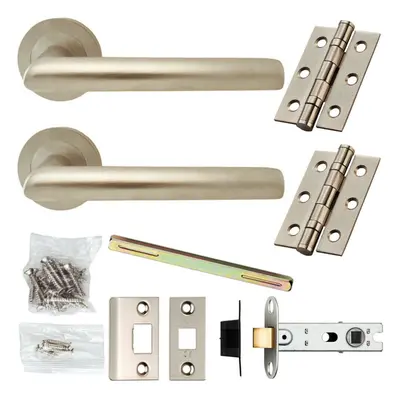 Door Handle & Latch Pack Satin Chrome Modern Mitred Lever Screwless Round Rose