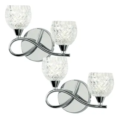 2 PACK LED Twin Wall Light Twisted Chrome Arm Glass Pattern Shade Dimming Lamp