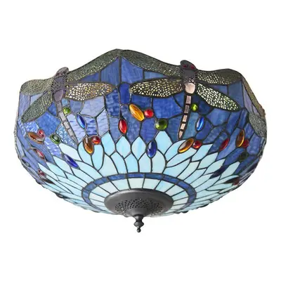 Tiffany Glass Semi Flush Ceiling Light Blue Dragonfly Inverted Shade i00044