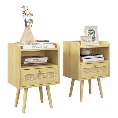 Bedside Tables, Set of 2, Boho Side End Table w/ Drawer, Storage Compartment