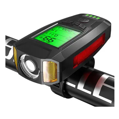 (Black) Bike Light + USB Horn Lamp + Speed Meter LCD Screen 5-Modes Waterproof