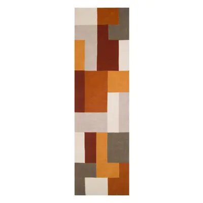 (Orange, Runner: x cm) Modern Geometric Checkered Multi Coloured Rugs 100% Wool Hand Made Eco Fr