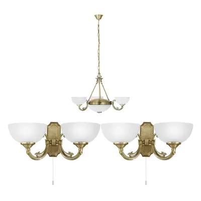 Ceiling Pendant Light & 2x Matching Wall Lights Bronze & Satin Glass Chandelier