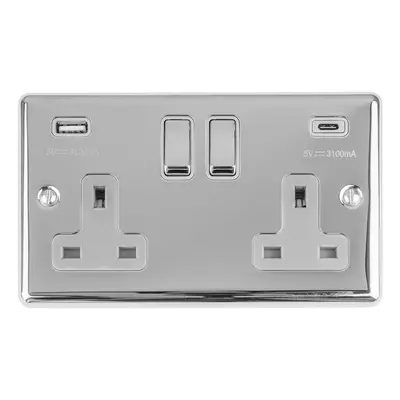 2 Gang Double UK Plug Socket & Dual 3.1A USB-C & A CHROME & GREY 13A Switched