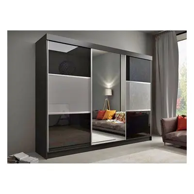 (250cm, Black) High Gloss Sliding Mirror Door Wardrobe |Manhattan