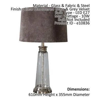 Table Lamp Clear Hammered Glass & Grey Velvet 10W LED E27 Base & Shade