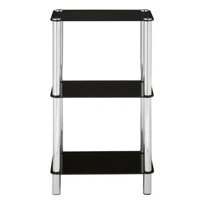 3 Tier Black Glass Shelf Unit, Modern Black Shelving Unit With Silver Metal Frame, Three Tier Sh