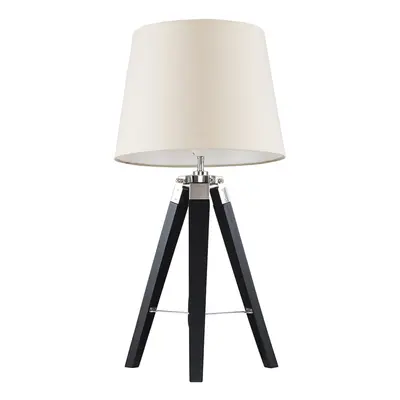 Modern Black Wood and Silver Chrome Tripod Table Lamp with a Beige Tapered Light Shade