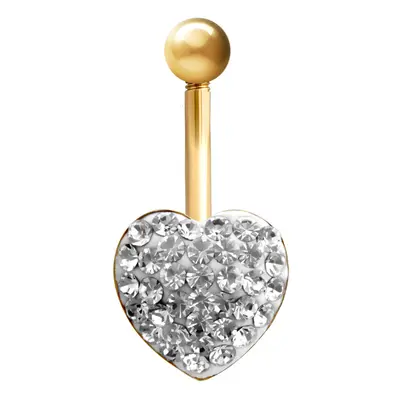 Jewelco London Ladies 9ct Yellow Gold White Round Crystal Love Heart Banana Belly Bar, 10mm - JB