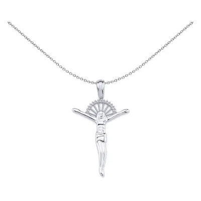 Jewelco London Unisex Sterling Silver Cubic Zirconia Sun Rays Crucifix Cross Pendant Necklace in