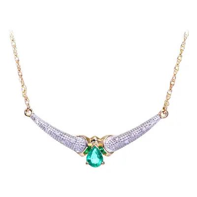 Jewelco London 9ct Yellow Gold Round 5pts Diamond Oval 1/4ct Emerald Teardrop Lavalier Necklace 