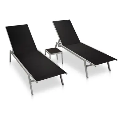 vidaXL 2x Sun Loungers with Table Steel and Textilene Black Outdoor Seating