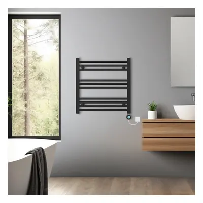 (Black, 600x600mm) Bathroom Prefilled Electric Heated Towel Rail Straight Radiator Thermo Smart 