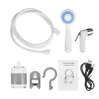 (Grey + white) Portable Camping Shower Pump Handheld Outdoor Head Hiking