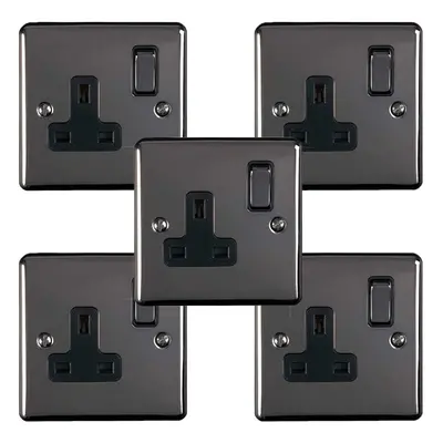 5 PACK Gang Single UK Plug Socket BLACK NICKEL 13A Switched Power Outlet