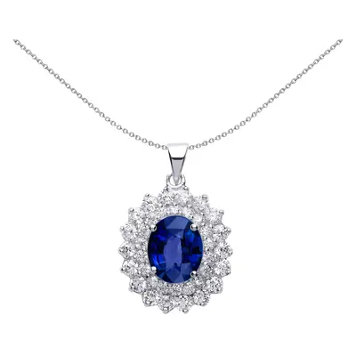 Jewelco London Ladies Sterling Silver Sapphire-Blue Oval Cubic Zirconia Lady Di Pendant Necklace