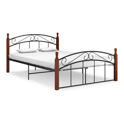 vidaXL Bed Frame Black Metal and Solid Oak Wood 140x200 cm Bedroom Furniture