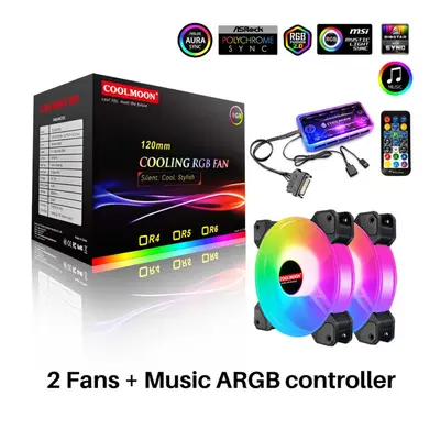 (2x Fans + Music ARGB controller) 120mm Cooling Fan RGB 6PIN Computer Case Colorful Radiator Coo