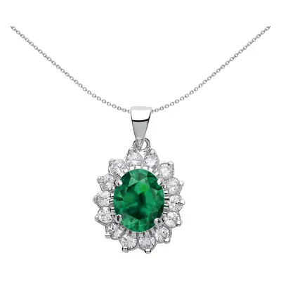 Jewelco London Ladies Sterling Silver Emerald-Green Oval Cubic Zirconia Royal Cluster Pendant Ne