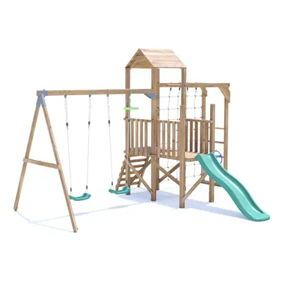 BalconyFort Climbing Frame with Double Swing, Low Platform, Monkey Bars, Cargo Net & Slide