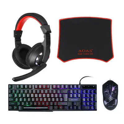 4-in-1 Gaming Kit Set Wired Keyboard & Mouse & Mouse Pad LED Gaming Over-Ear Headset Combo Set