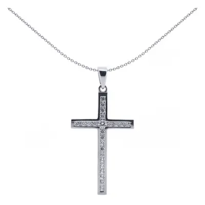 Jewelco London Solid 9ct White Gold Cubic Zirconia Art Deco Outline Channel Set Cross Pendant - 