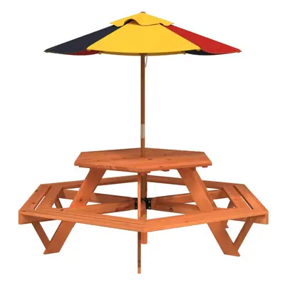 (dark brown and multicolour) vidaXL Picnic Table for Kids with Umbrella Play Table Hexagon Solid