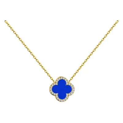 Jewelco London Gold-plated Silver Blue Clover Agate & CZ Halo Lucky Charm Pendant Necklace 16-18