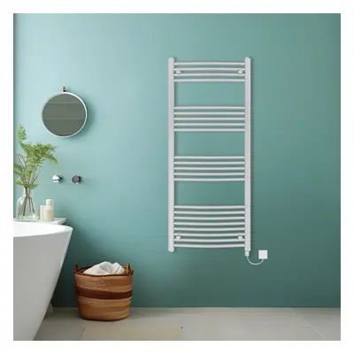 (Chrome, 1400x600mm) Bathroom Curved Prefilled Electric Heated Towel Rail Ladder Warmer Radiator