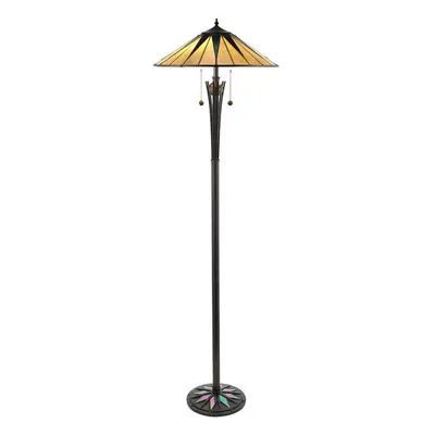 1.5m Tiffany Twin Floor Lamp Black & Multi Colour Stained Glass Shade i00009