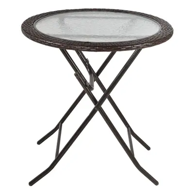 Outsunny Folding Round Tempered Glass Metal Table Brown Rattan Edging