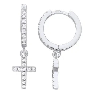 Jewelco London Ladies Rhodium Plated Sterling Silver CZ Eternity Huggie Hoop Cross Drop Earrings