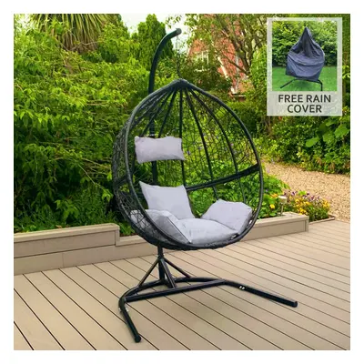 Black Egg Chair Rattan Hanging Swing Garden Outdoor Indoor & Cushions