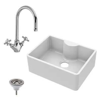 595mm - Fireclay Bowl Butler Kitchen Sink - Tap Ledge, Mono Mixer Tap, & Waste