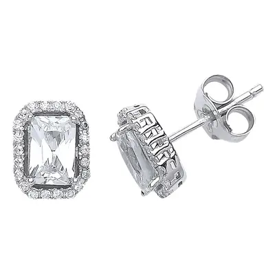 Jewelco London Ladies Sterling Silver Emerald Cut Cubic Zirconia Halo Stud Earrings - GVE542