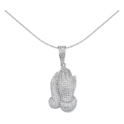 Jewelco London Unisex Rhodium Plated Sterling Silver CZ Praying Folded Hands Pendant Necklace in