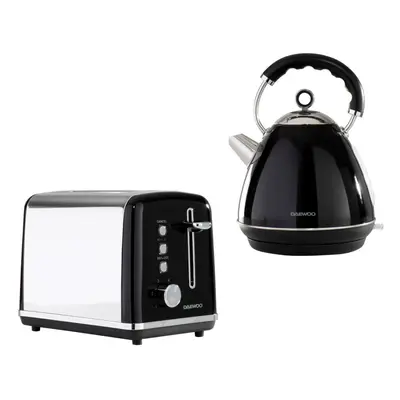 (Black) Daewoo Kensington Pyramid Matching Slice Toaster & Kettle Set 1.7L 3000W Retro Bundle Co