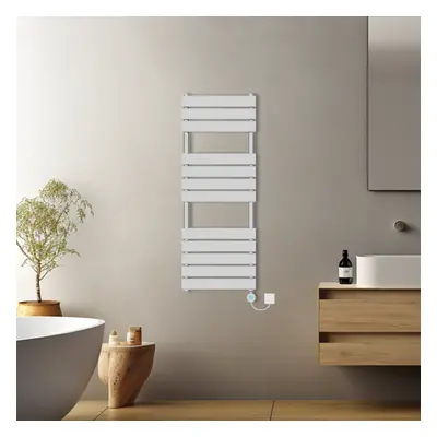 (Chrome, 1200x450mm) Pre-filled Electric Heated Towel Rail Radiator Flat Panel Thermostatic