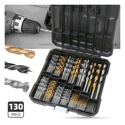 () 100/130pcs HSS Twist Drill Bit Set Titanium-Coated Bits Woodworking Masonry for Wood Steel